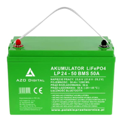 Akumulator Litowy AZO Digital LiFePO4 50Ah 24V BMS Bluetooth / Mata 11kg